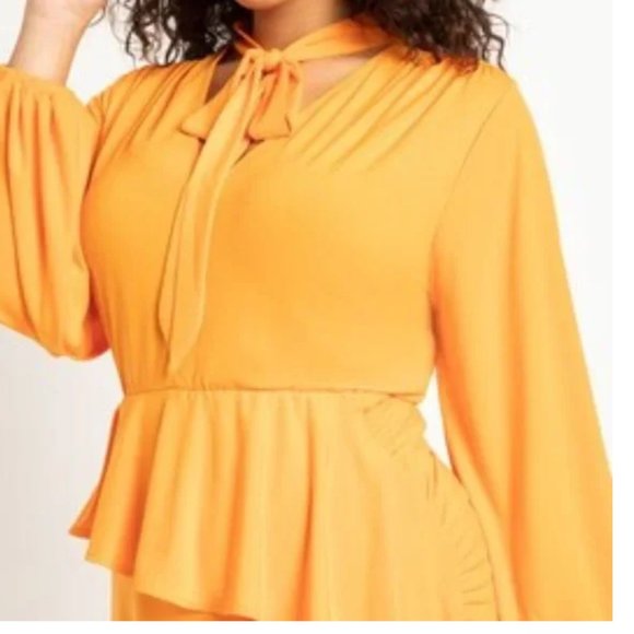 Plus Size 26, 4X Orange ELOQUII Dress Tie Neck Asymmetrical Peplum Long Sleeve - Picture 5 of 5